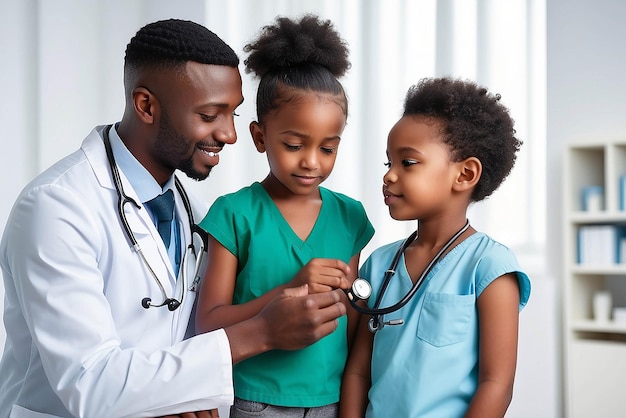 Pediatra africano faz exame com estetoscópio criança menino paciente visita médico com mãe pediatra preto verifica coração pulmões da criança faz exame pediátrico no hospital crianças conceito de cuidados médicos