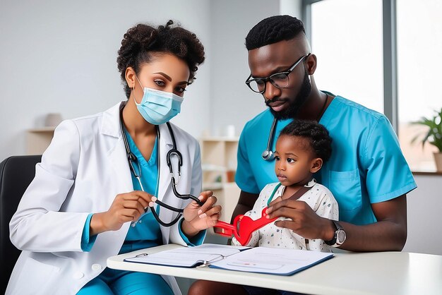 Pediatra africano realiza examen con estetoscopio niño niño paciente visita al médico con la madre pediatra negro chequea el corazón pulmones del niño hace chequeo pediátrico en el hospital niños concepto de atención médica