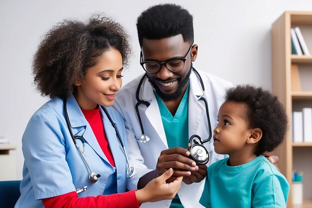 Foto pediatra africano realiza examen con estetoscopio niño niño paciente visita al médico con la madre pediatra negro chequea el corazón pulmones del niño hace chequeo pediátrico en el hospital niños concepto de atención médica