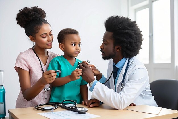 Foto pediatra africano realiza examen con estetoscopio niño niño paciente visita al médico con la madre pediatra negro chequea el corazón pulmones del niño hace chequeo pediátrico en el hospital niños concepto de atención médica