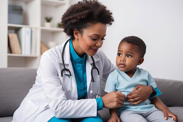 Foto pediatra afroamericano con estetoscopio escuchando el sonido de los pulmones y el corazón de un niño pequeño sentado en el regazo de la madre examen médico en casa o en el hospital cuidado de seguro médico para niños