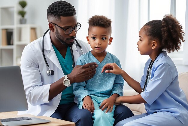 Pediatra afroamericano con estetoscopio escuchando el sonido de los pulmones y el corazón de un niño pequeño sentado en el regazo de la madre examen médico en casa o en el hospital cuidado de seguro médico para niños