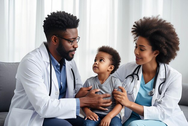 Foto pediatra afroamericano con estetoscopio escuchando el sonido de los pulmones y el corazón de un niño pequeño sentado en el regazo de la madre examen médico en casa o en el hospital cuidado de seguro médico para niños