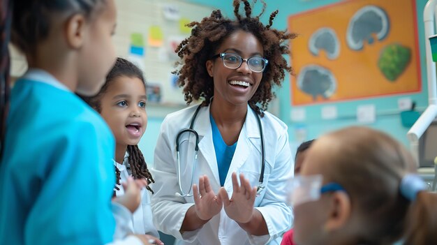 Foto una pediatra alegre con un estetoscopio alrededor del cuello hablando con un grupo de niños en edad preescolar durante una visita médica