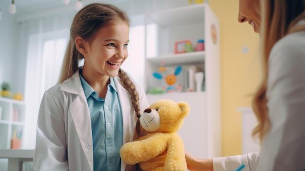 Un pediatra en una clínica haciendo un chequeo a un niño sonriente, la habitación llena de juguetes para crear un ambiente reconfortante