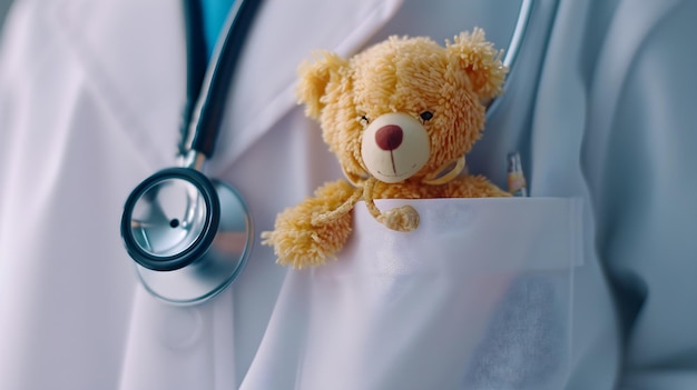 Pediatra concepto de juguete oso en el bolsillo del abrigo de los médicos y estetoscopio fondo blanco