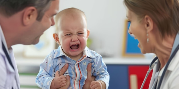 Foto un pediatra consolando a un bebé que llora durante un examen