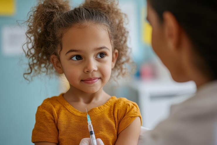 Pediatra consolando a un niño antes de una vacunación sala de clínica colorida centrada en la atención médica infantil