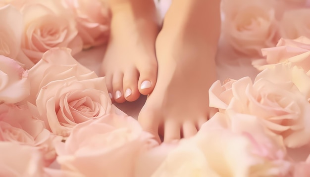 Pedicura de pé em close-up entre rosas