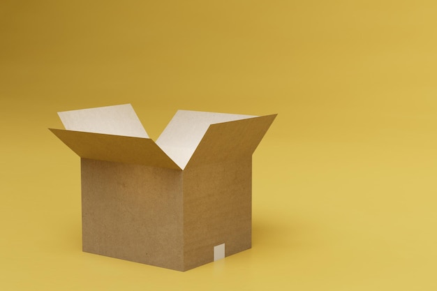 pedido, embalaje y entrega de paquetes. caja abierta sobre un fondo amarillo.
