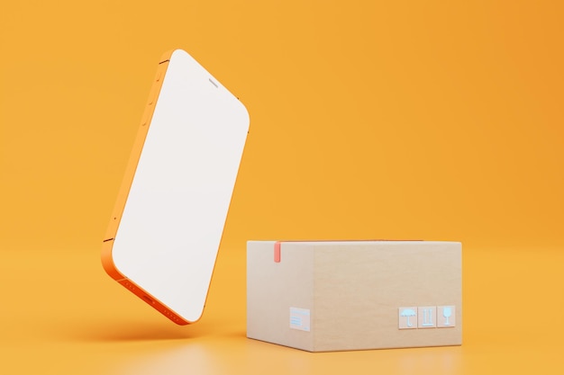 Pedido de entrega de paquetes en un teléfono inteligente y paquete en un renderizado 3D de fondo naranja