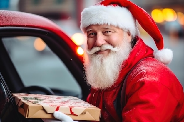 Pedidos e entrega on-line de mercadorias e presentes Um mensageiro vestido de Papai Noel segura uma caixa com um pedido contra o pano de fundo de uma van