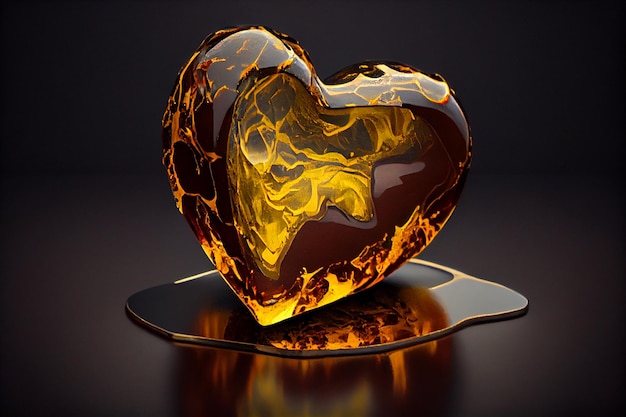 Pedra âmbar dourada com ilustração em forma de coração Generative AI