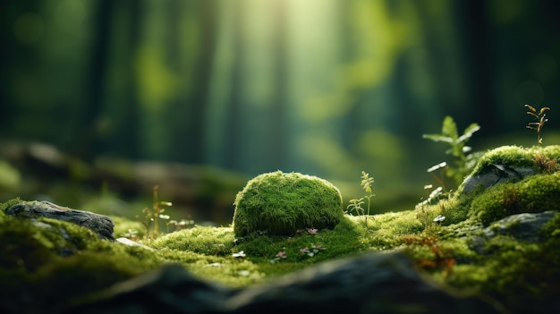 Pedra coberta de musgo verde em fundo de floresta desfocada Fecha o fundo da natureza com espaço de cópia para o seu projeto