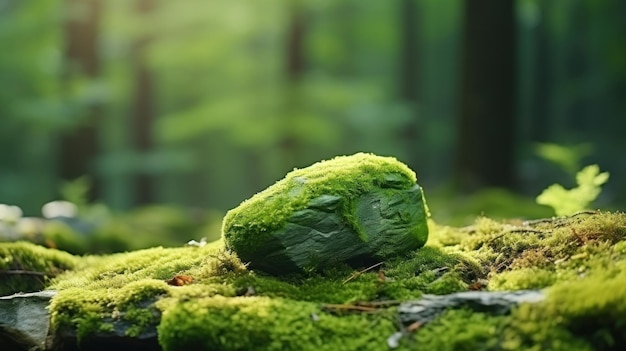 Pedra coberta de musgo verde em fundo de floresta desfocada Fecha o fundo da natureza com espaço de cópia para o seu projeto