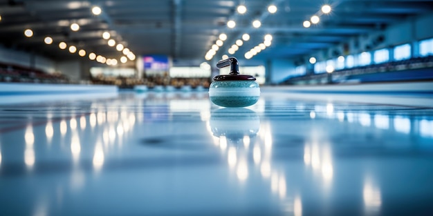 Foto pedra de curling apoiada no centro de uma arena esportiva