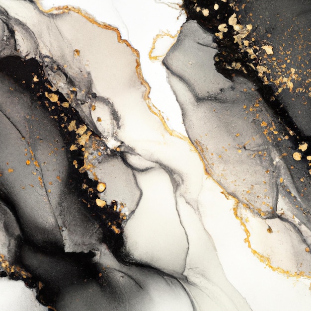 Pedra de mármore abstrata de luxo cortada em ilustração de veias douradas pretas, brancas, cinzas e brilhantes