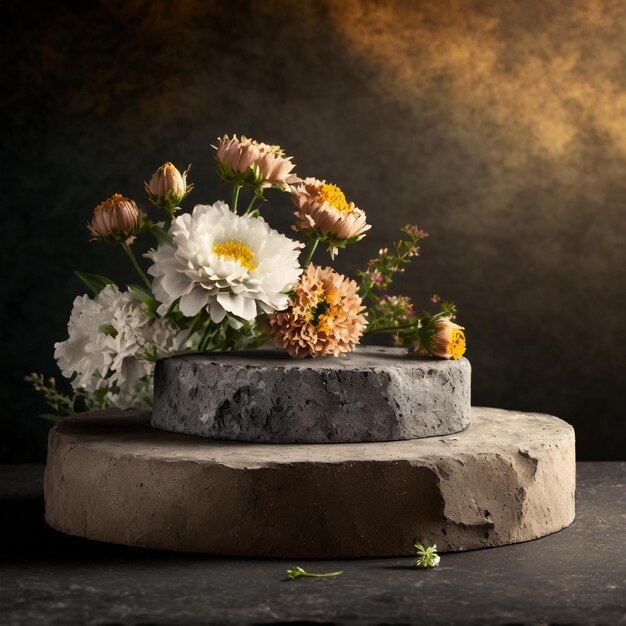 Pedra de pódio com flores e espaço de cópia