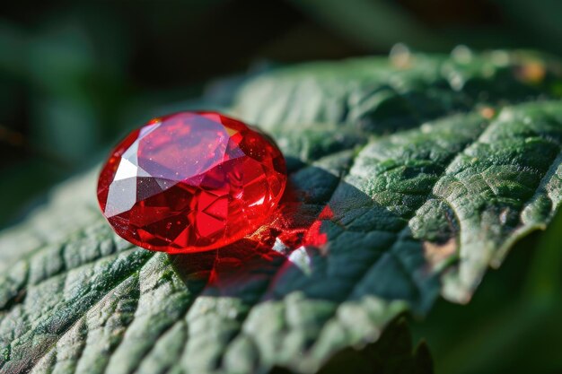 Foto pedra de rubi vermelho em folha