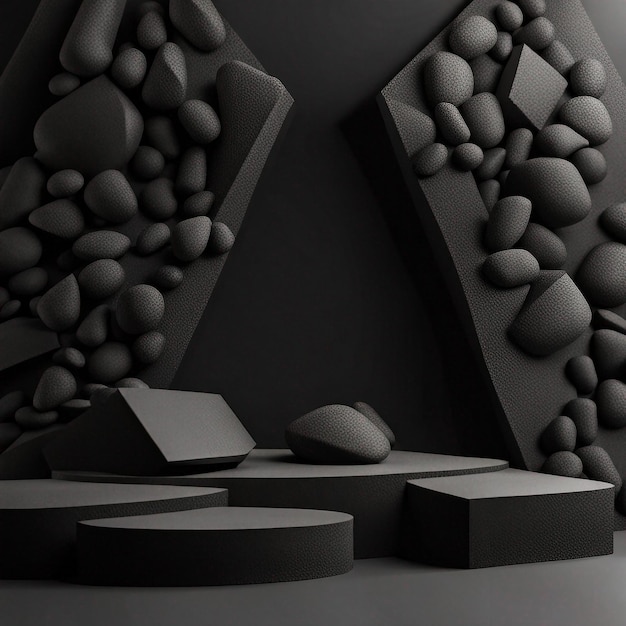 Pedra geométrica preta e maquete minimalista de fundo em forma de rocha para exibição ou vitrine de pódio