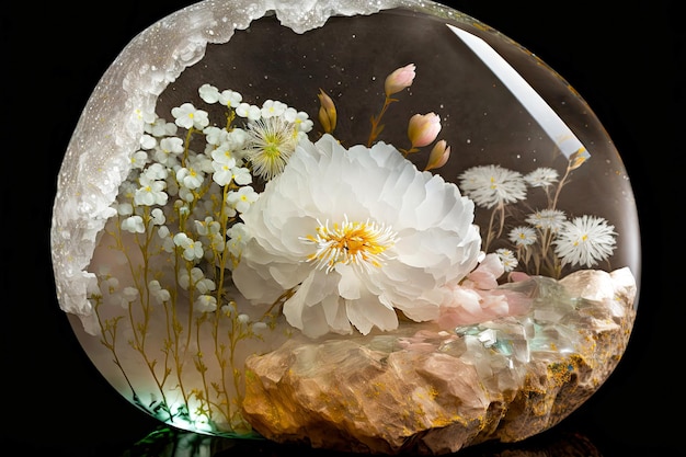 Pedra grande com flores brancas em cristais de quartzo transparentes