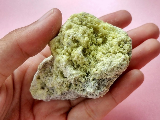 Pedra mineral de enxofre isolada em fundo rosa. Espécime de mão do complexo vulcânico de Dieng,