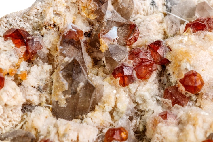 Foto pedra mineral macro spessartine feldspar quartzo fumegante em um fundo branco