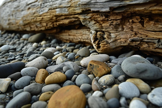 Pedra molhada e madeira à deriva na praia