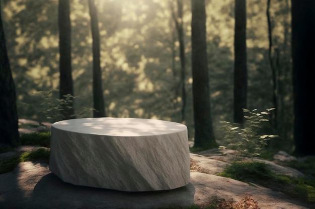 Pedra natural e pódio de concreto na floresta com planta Vitrine vazia para apresentação de produtos de embalagem Criado com tecnologia Generative AI