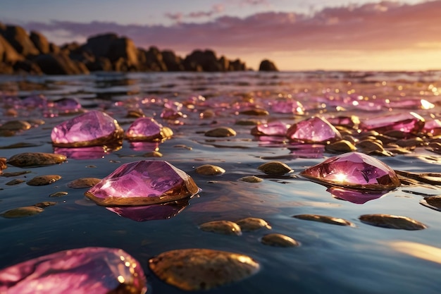 Foto pedra preciosa do pôr-do-sol nas ondas do oceano