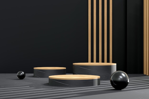 Pedra preta e pódio de círculo de mármore na vitrine de cena de conceito de fundo preto para apresentação de banner de venda de promoção de novo produto ilustração 3D cosmética
