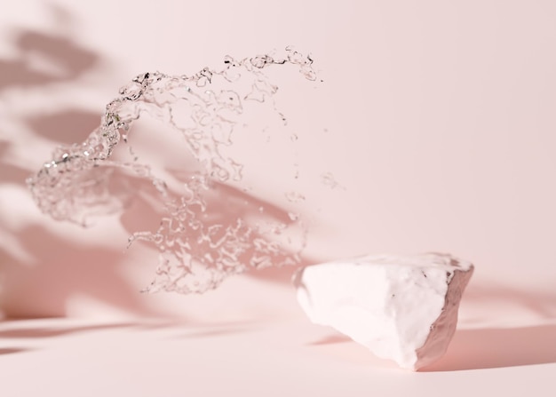 Pedra rosa com sombras de folhas e respingos de água no fundo rosa Mock up para apresentação cosmética do produto Pedestal ou plataforma para produtos de beleza Cena vazia renderização em 3D