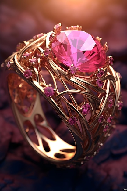 Pedra rosa em anel de ouro