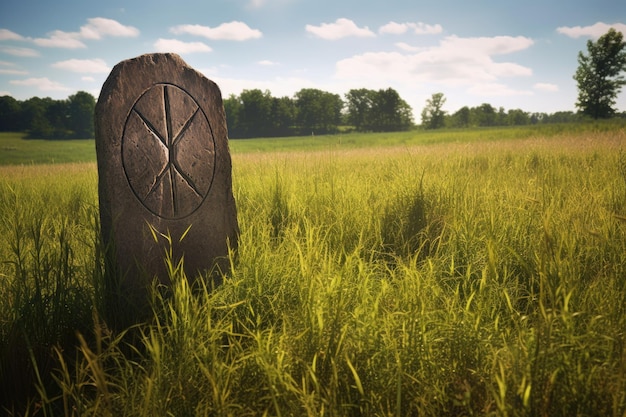 Pedra rúnica viking desgastada em um campo criado com ai generativo