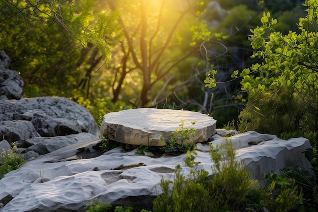 Foto pedra texturizada em pódio de rocha entre folhagem verde e raios de sol