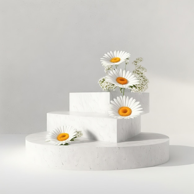 Pedras brancas na forma de um suporte para a apresentação de mercadorias com flores de camomila em uma ilustração 3d de fundo branco