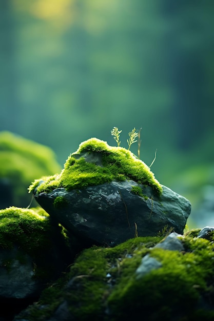 Pedras cobertas de musgo em uma floresta nebulosa Verde sereno e lente Ilustração hiper-realista Arte fotográfica