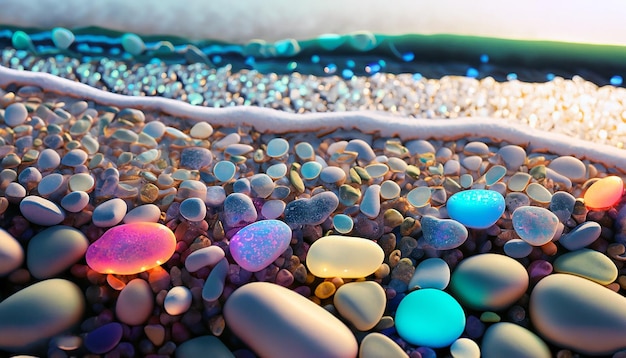 Pedras coloridas na praia à beira-mar ao pôr do sol Foco seletivo