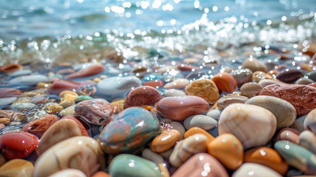Pedras coloridas na praia com água espumante em um dia ensolarado