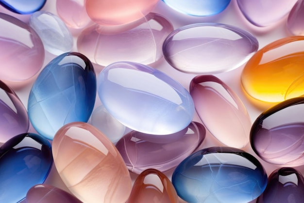 Pedras de água de vidro transparente de cor pastel Mineral natural de pedras preciosas Vista superior IA generativa