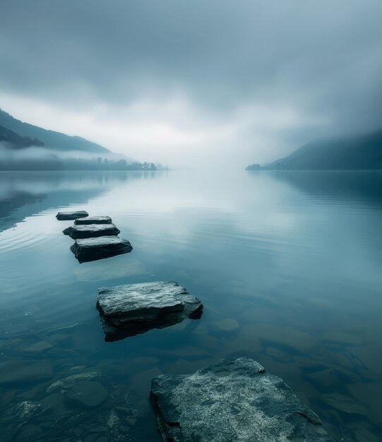 Foto pedras de degrau num lago nebuloso com montanhas à distância