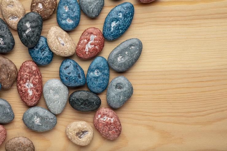 Foto pedras de doces de chocolate coloridas em fundo branco.
