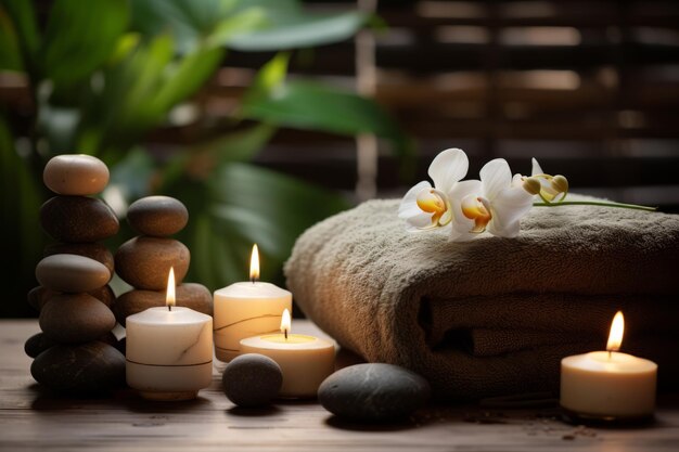 Pedras de massagem com toalhas e velas em fundo natural conceito SPA Ilustração generativa de IA