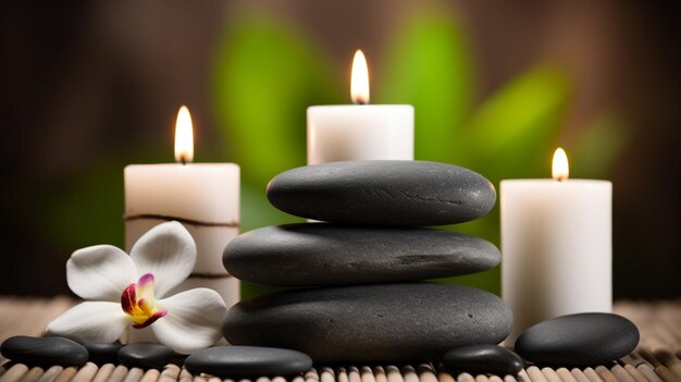 Pedras de massagem conceito spa de beleza com toalhas e velas em fundo natural 3