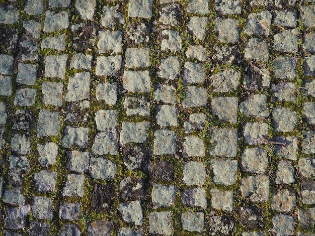 Pedras de pavimentação antigas bem dispostas Pavimento na praça da cidade velha Praça e pedras retangulares no chão cobertas de musgo e líquenes