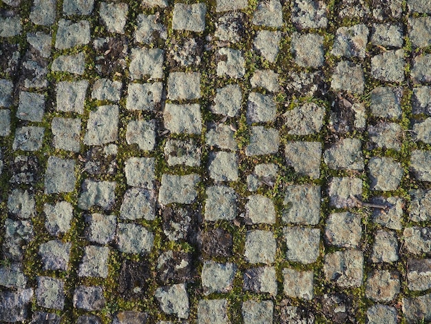 Pedras de pavimentação antigas bem dispostas Pavimento na praça da cidade velha Praça e pedras retangulares no chão cobertas de musgo e líquens