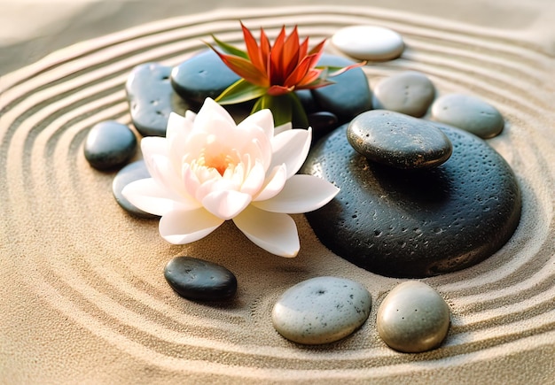 Pedras de spa e flor de lótus em fundo de pedras zen