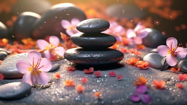 Pedras de spa Zen com flores Generative Ai