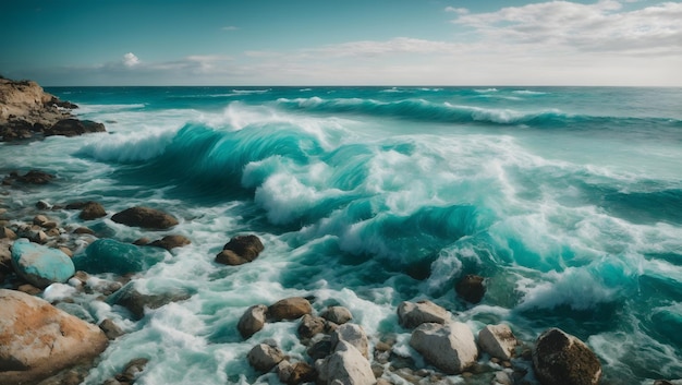 Pedras de vidro do mar dispostas em uma pirâmide de equilíbrio na praia Lindo mar de cor azul com turva