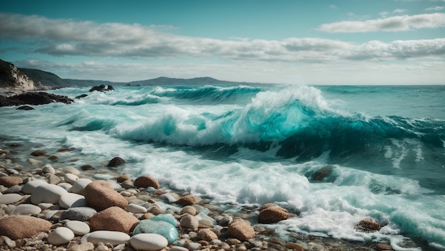 Pedras de vidro do mar dispostas em uma pirâmide de equilíbrio na praia Lindo mar de cor azul com turva